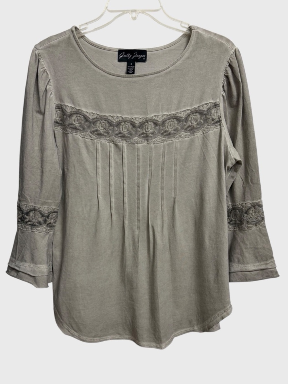 Gretty Zueger Women's Grey Lace Pintuck Top M Boho Comfy Summery Made in Peru